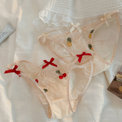 是可愛多呀~性感內褲水果刺繡網紗細帶交叉蝴蝶結鏤空丁字三角褲