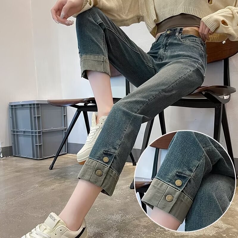 浅蓝色窄版烟管牛仔裤女时尚百搭高腰遮肉显瘦翻边九分法棍直筒裤|undefined