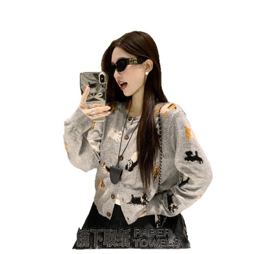 Design sense fashionable cute dog floral contrasting color long sleeve knit sweater for women loose matchy-matchy top trendy