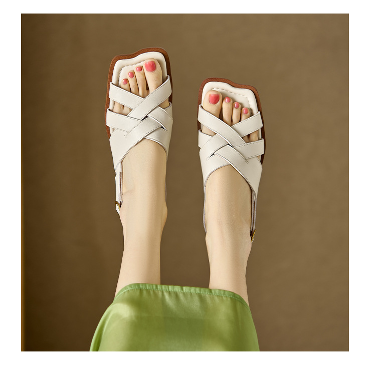 Dép sandal nữ da bò dệt thủ công kiểu La Mã đế bằng — nâu chi tiết 17