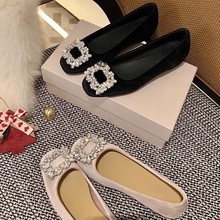 羊皮版~苏茵茵同款法式气质水钻方扣浅口平底单鞋女通勤鞋婚鞋