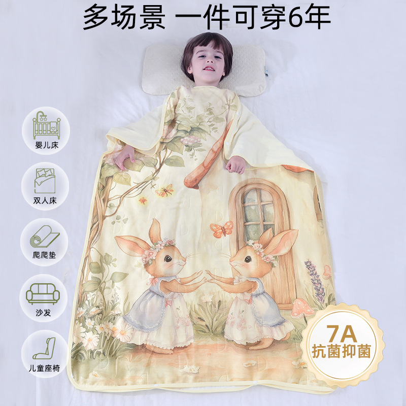 Children's Bamboo Cotton Gauze Anti-Kick Sleeping Bag for Spring and Summer, Boys and Girls Belly Protection Thin Air-Conditioned Room Blanket