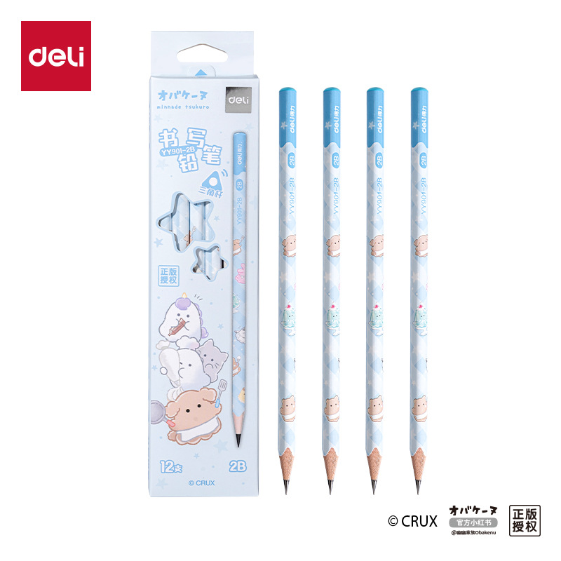Deli Yy901-2B Triangular Writing Pencil 2B (Mixed) (12 Pieces/Box) Wooden Pencil with Cute Prints