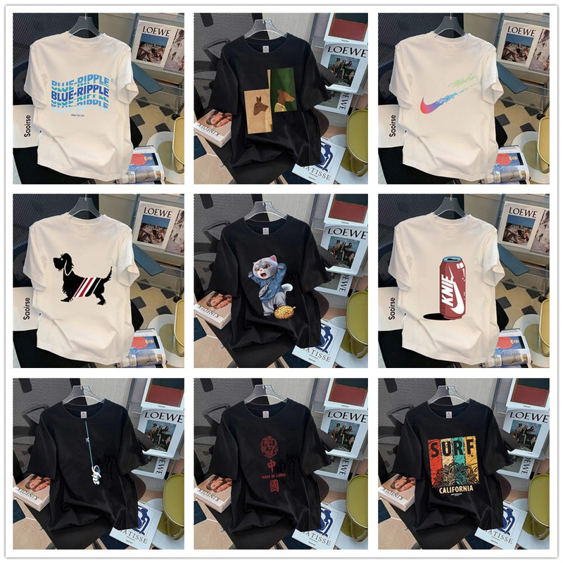 Pure Cotton T-Shirt 2023 Trendy Brand Sports New Men's Loose plus size Crewneck Printed Internet Celebrity Base Top