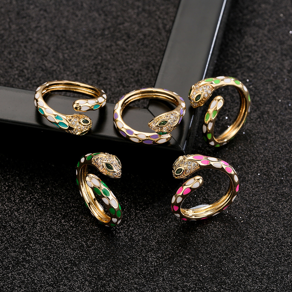 Fashion New Copper Plated 18k Gold Color Drip Oil Retro Snake Open Ring display picture 4