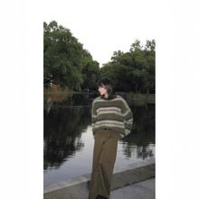 复古慵懒风绿色条纹马海毛毛衣女宽松加厚中长款水貂绒针织衫秋冬