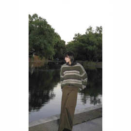 复古慵懒风绿色条纹马海毛毛衣女宽松加厚中长款水貂绒针织衫秋冬