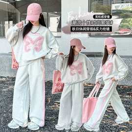 2025新款春秋女童运动套装蝴蝶结衣中大童女时尚花边蝴蝶套装