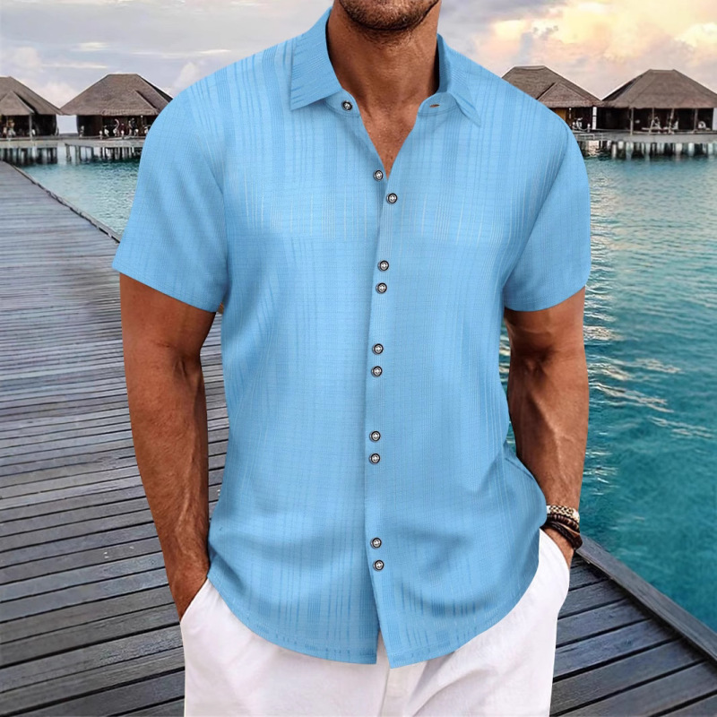 Cross-Border Amazon New Men's Knitted Bamboo Imitation Linen Jacquard Casual Multi-Button Loose Short-Sleeved Shirt Men's Cardigan