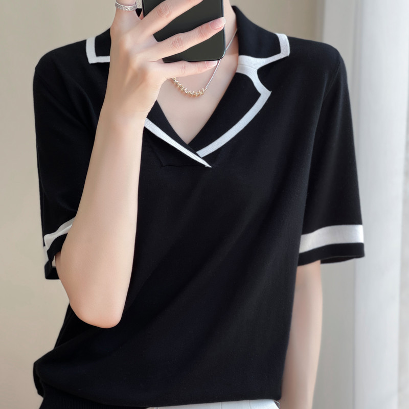 Elegant Summer Outfit Versatile Collared Knit Top Ice Silk Short-Sleeve Cotton Thin Loose T-Shirt Women's Slimming Top Elegant Summer Outfit Versatile Collared Knit Top Ice Silk Short-Sleeve Cotton Thin Loose T-Shirt Women's Slimming Top