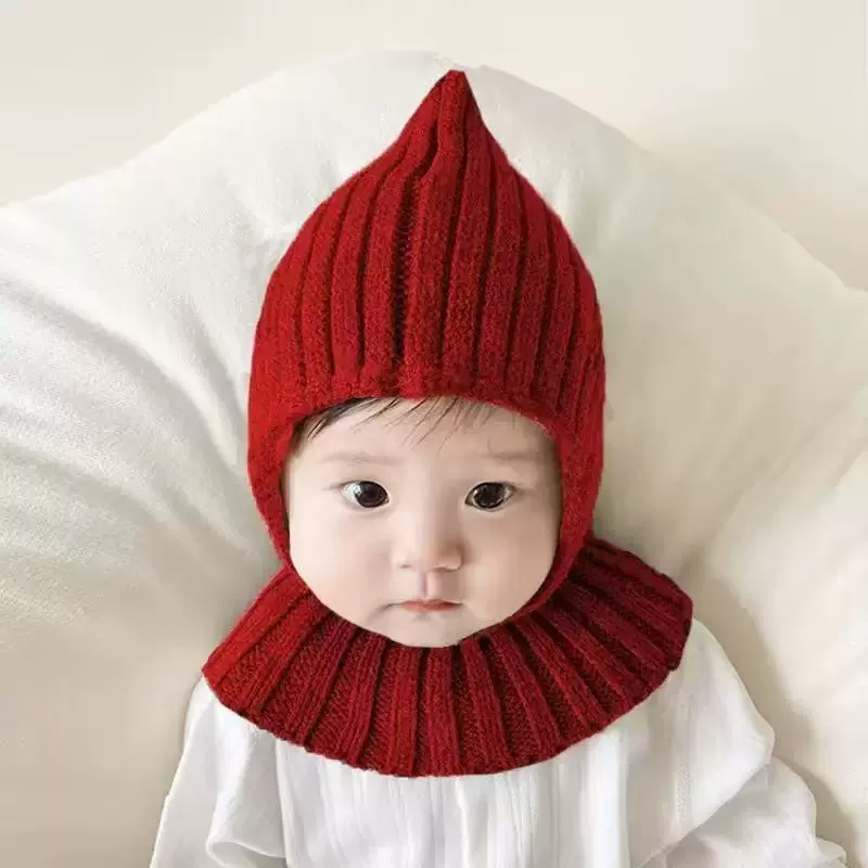 宝宝帽子婴儿秋冬针织婴幼儿毛线帽护耳精灵帽小红帽新年圣诞尖顶