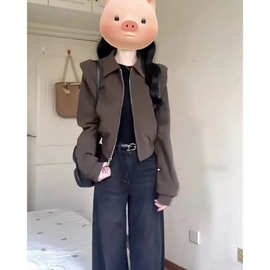 跨境爆款早秋外套女新款棕色短款夹克上衣初秋美拉德一件代发抖音