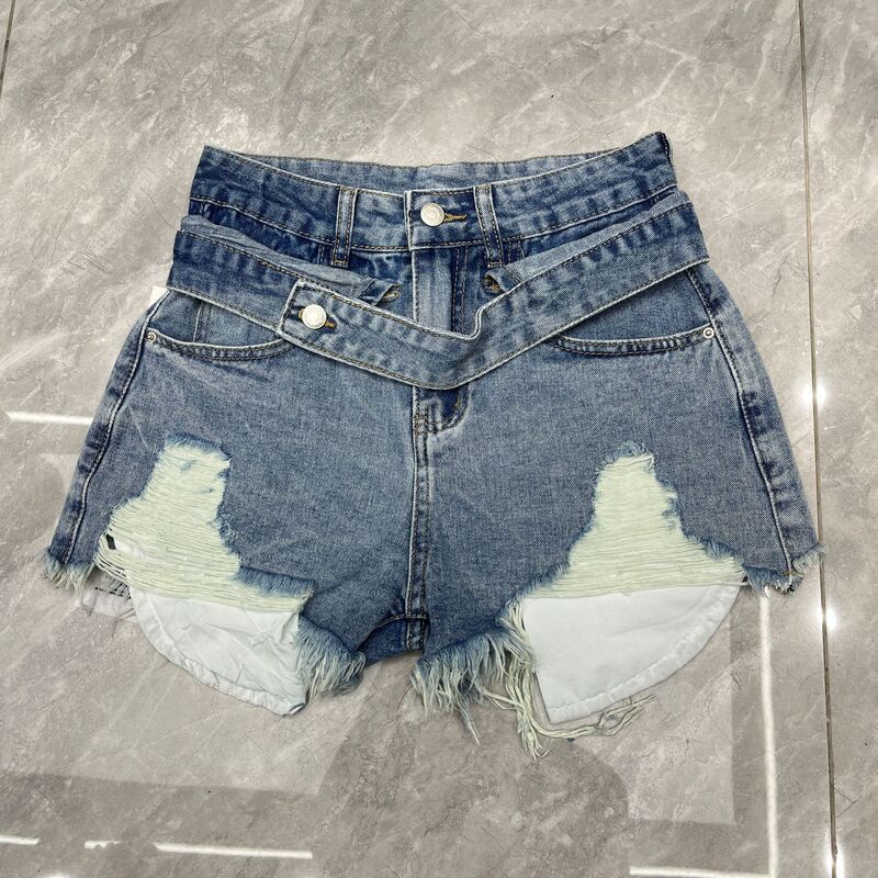 Designed with a Stylish Double-Layer Waistband, Ripped Denim Shorts for Women, Summer Hot Girl Style, Fringed Edges, Anti-Exposure Lining, Hot Pants Designed with a Stylish Double-Layer Waistband, Ripped Denim Shorts for Women, Summer Hot Girl Style, Fringed Edges, Anti-Exposure Lining, Hot Pants