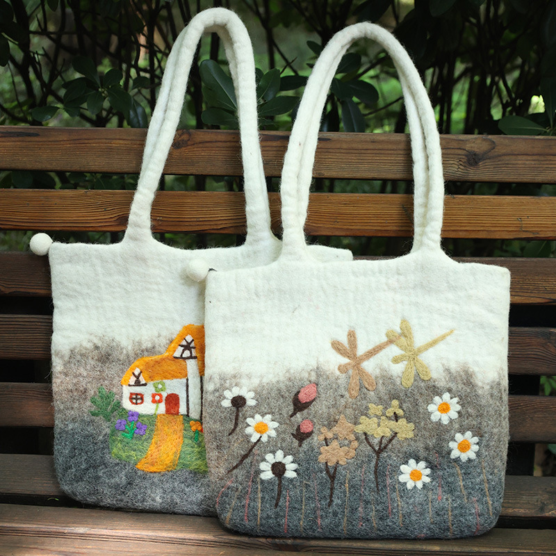 Ins Style Wool Felt Natural Tonal Needle Felt Flower Handbag Flat Bag Tote Bag Fashion Clothing Accessories
