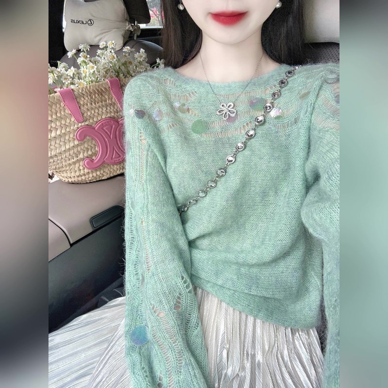 韩系氛围感穿搭薄荷绿上衣女秋季贝壳亮片设计感镂空针织罩衫毛衣|undefined