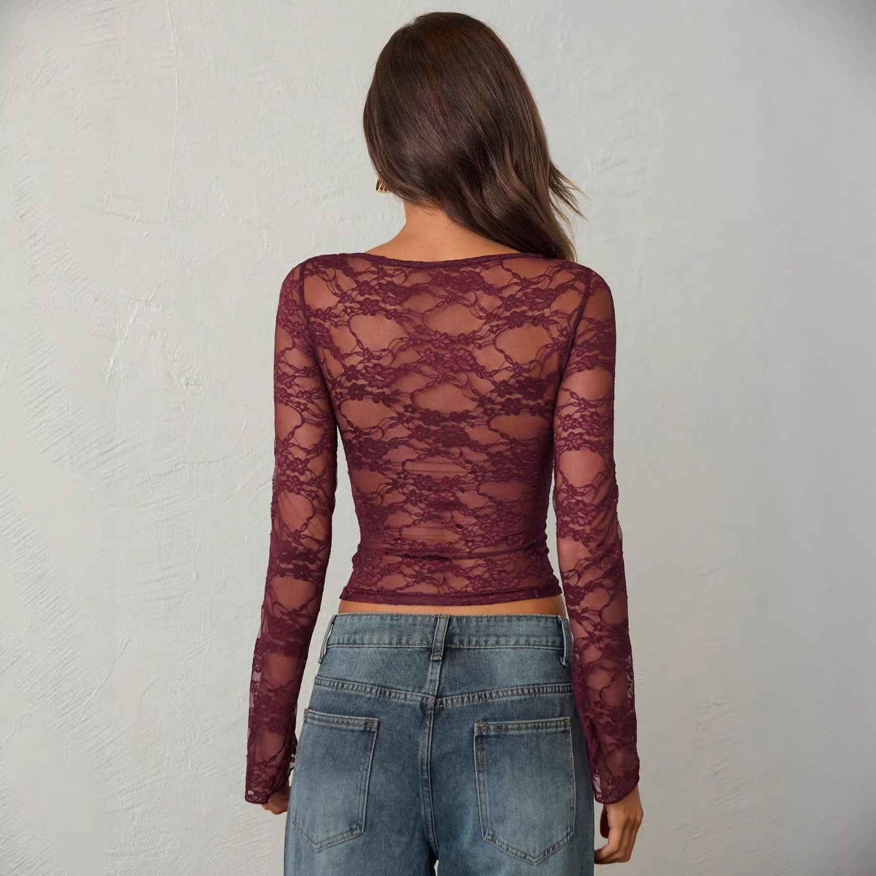 New European And American Solid Color Lace See Through Long Sleeved Top For Women, Slim Fit, Pleated Flared Chest._ecoleips.com