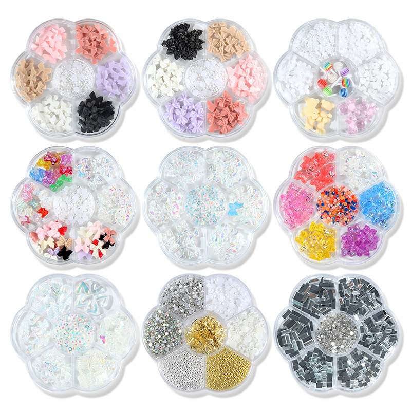 Seven-grid mixed Camellia nail jewelry bow flat diamond lollipop nail pequeña bola de acero Pearl Square Diamond