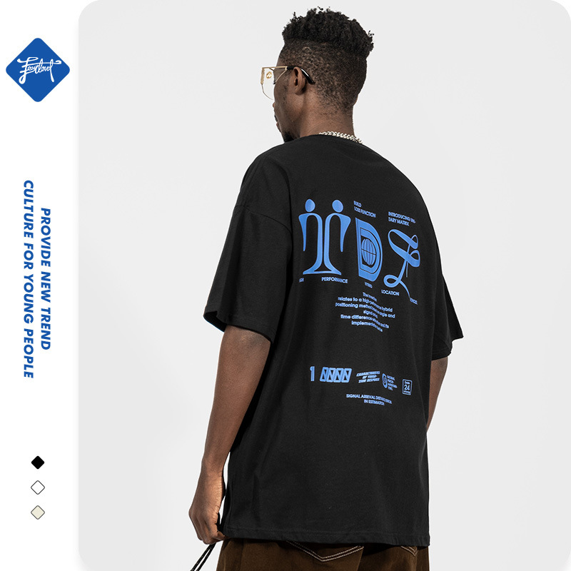 Vyriški trumpomis rankovėmis 220 g pavasario-vasaros medvilniniai laisvi marškinėliai paaugliams su kinišku abstrakčiu spaudiniu_voghion.com