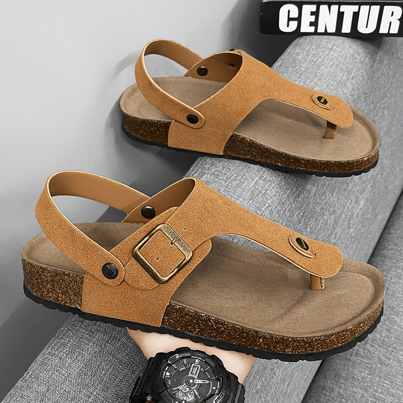 Dép sandal nam quai ngang kẹp chân đế gỗ phong cách Birken, thoáng khí đi biển — Màu đen, Nâu vàng, Trắng be
