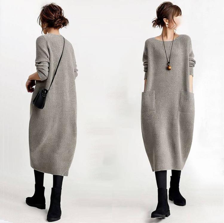 In-Stock Japanese Style 2026 Spring New Solid Color Round Neck Knit Dress with Large Pockets for Women