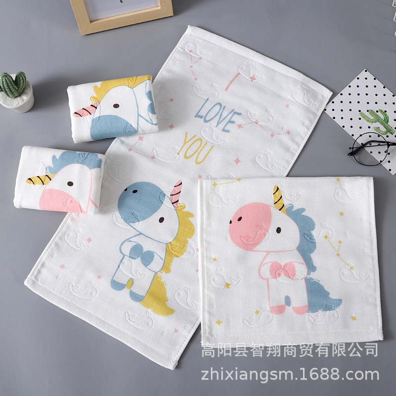 25*50竹棉印花四層小毛巾柔軟吸水4層紗布兒童洗臉面巾泡泡棉童巾
