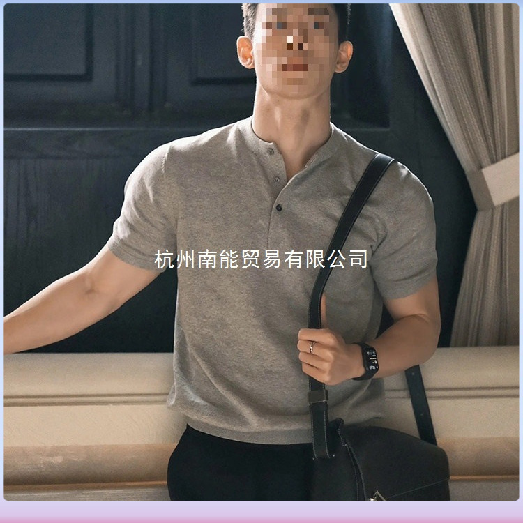 Henry men's short-sleeve polo shirt, fitness sports t-shirt, summer gray with fitted cuffs, American style, accentuates muscle definition, half-sleeve
