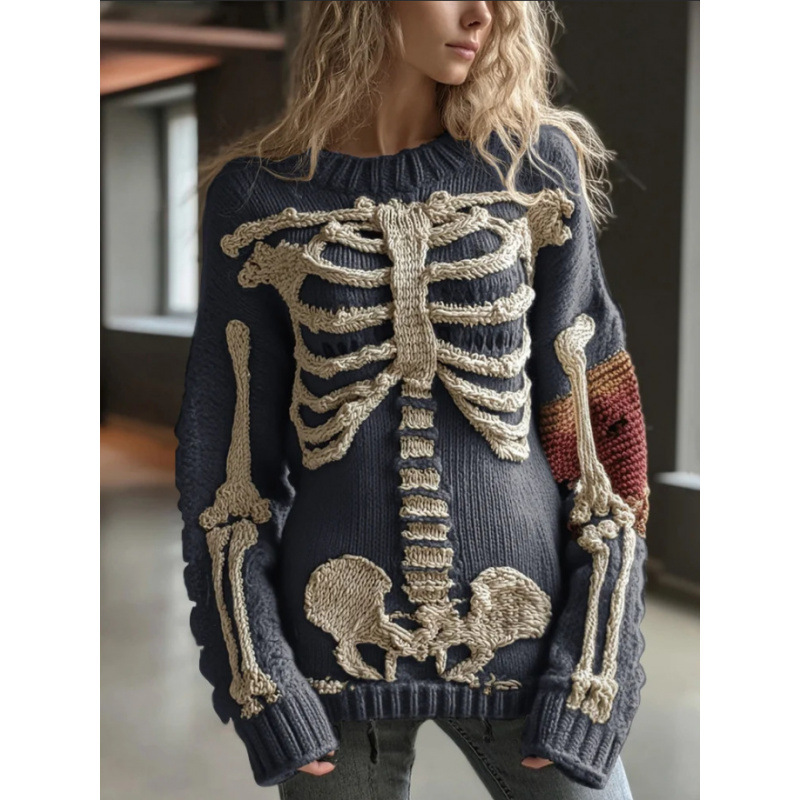 2025 Popular Skull Halloween Round Neck Long-Sleeved Sweater Autumn and Winter Versatile Women's Knitted Eight-Pit Digital Printing 2025 Popular Skull Halloween Round Neck Long-Sleeved Sweater Autumn and Winter Versatile Women's Knitted Eight-Pit Digital Printing