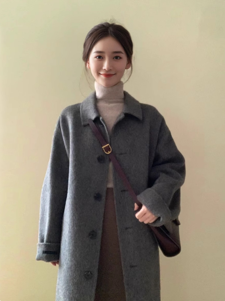 深灰色双面羊绒大衣女2325年秋冬新款韩版宽松高支羊毛小个子外套