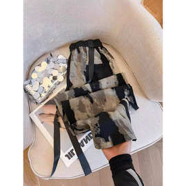 捡漏专柜撤回~水墨烟雨冰丝雪纺阔腿裤女ins休闲飘带垂感直筒拖地