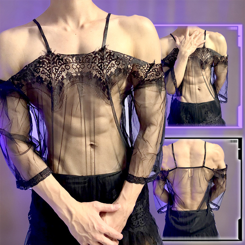 Lobe Sexy Lingerie New Style Sexy Gauze Dress Hollow-Out Nightgown Men's Transparent Eyelash-Style Qqny Abstinence-Style Men's Top