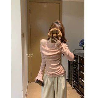 纯欲荡领假两件长袖t恤女式早秋木耳边褶皱收腰露肩显瘦打底上衣