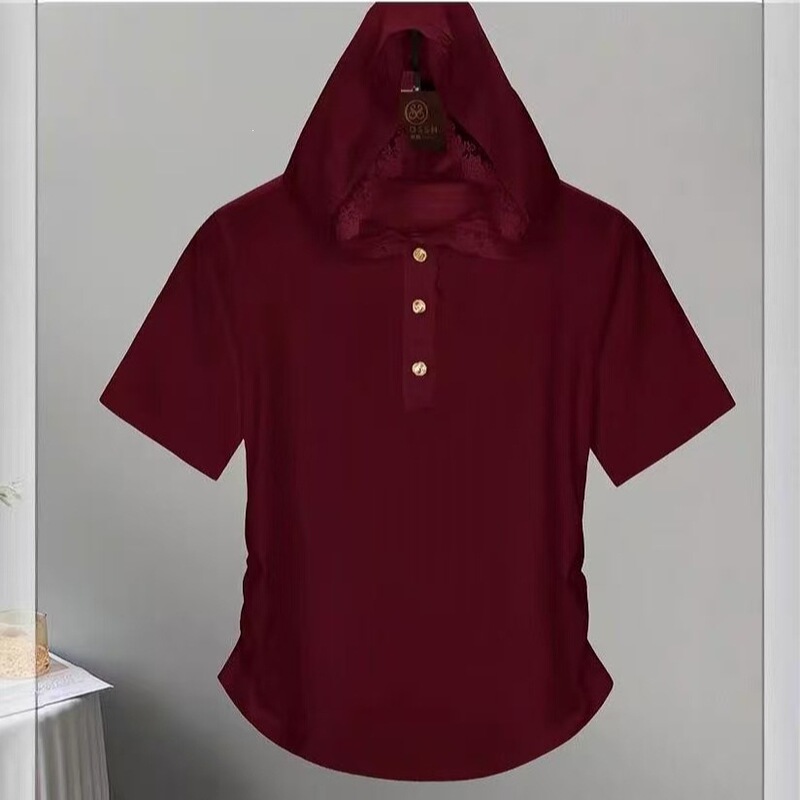 92% Cotton 8% Spandex Summer Short-Sleeve T-Shirt for Women with Hooded Lace Trim, Stylish Solid Color Versatile Top