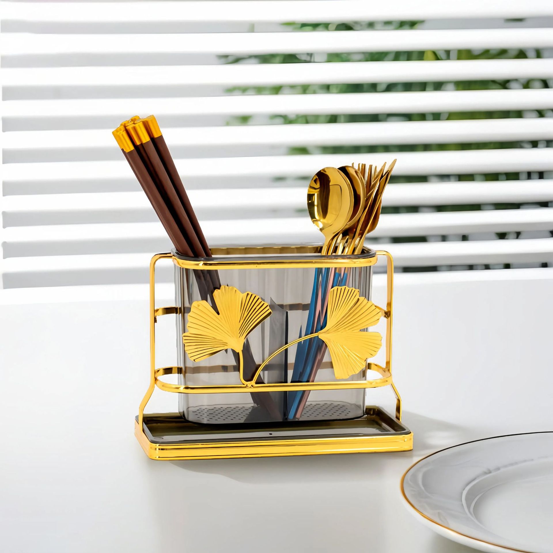 palillos barril Ginkgo biloba cocina bandeja de drenaje palillos cuchara mesa estante caja de almacenamiento estilo europeo