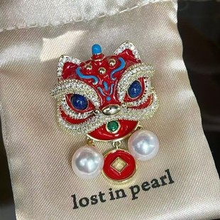 Chinese style red lion dance brooch women's exquisite 6.5-7mmakoya sea water pearl corsage new year gift national tide