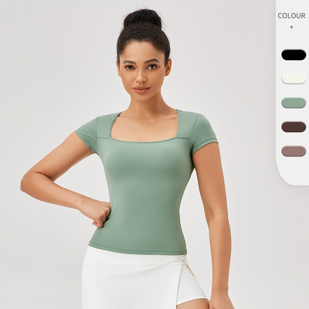 Женская весенняя и летняя квадратная форма спортивного воротника с короткими рукавами тонкая и обтягиваемая быстрая беговая футболка для фитнеса голая дышащая куртка для йоги