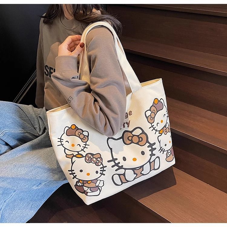 Cartoon canvas single-shoulder bag, women's large-capacity commuter tote bag, Spring/Summer 2025, cute cat tote bag, cross-border Item Picture