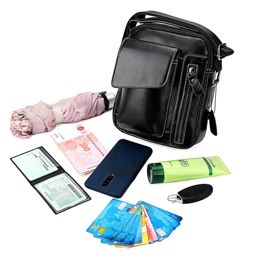 Factory Direct Sale Head-Layer Calfskin Men's Single Strap Crossbody Bag New Men's Bag Vertical Phone Bag Large Capacity Single Strap Bag