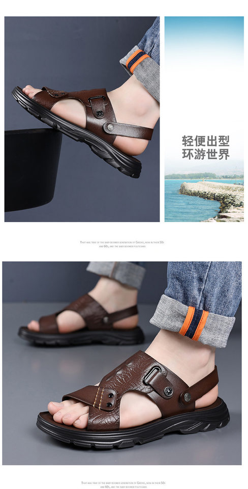 Dép sandal nam quai ngang mũi tròn, đế bằng mềm chống trượt, kiểu hở ngón đi biển và đi ngoài trời — Màu nâu, màu đen chi tiết 19