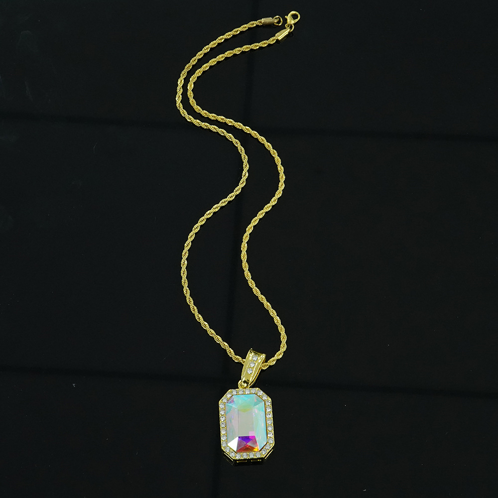 Collar con Colgante Cuadrado de Piedras Preciosas Coloridas Estilo Hip-hop, Estilo Minimalista, Unisex, Cadena para Suéter, Joyería