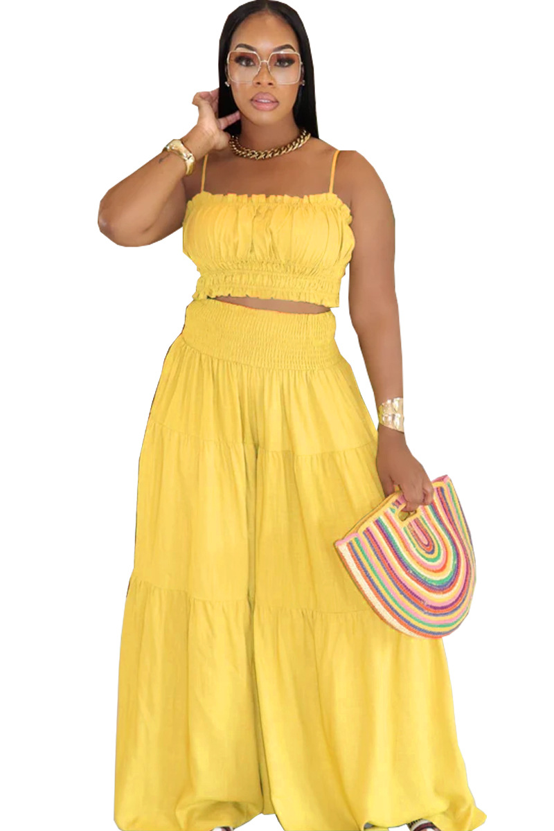 Women's Clothing Fashion Solid Color Suspender Top Plus Loose Wide Leg Pants Two Piece Set_voghion.com