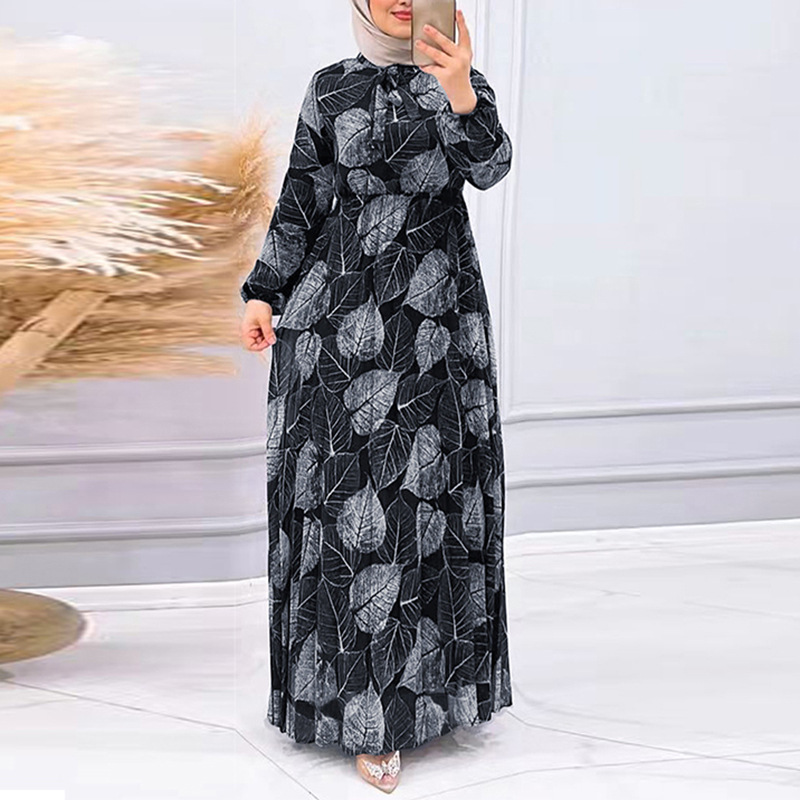 M2236 Middle East Dubai Women's Robe New Leaf Pleated Skirt Fashionable Waist-Cinching Dress_ecoleips.com