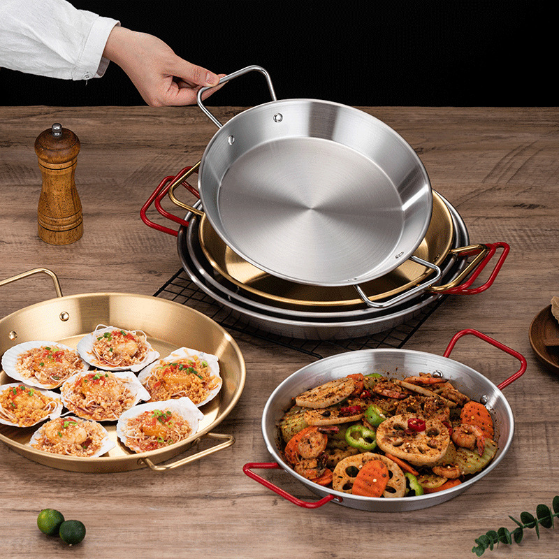 Korean-style stainless steel double-ear seafood hot pot golden flat pan fryer, army hot pot baked rice, fried chicken plate, lobster hot pot