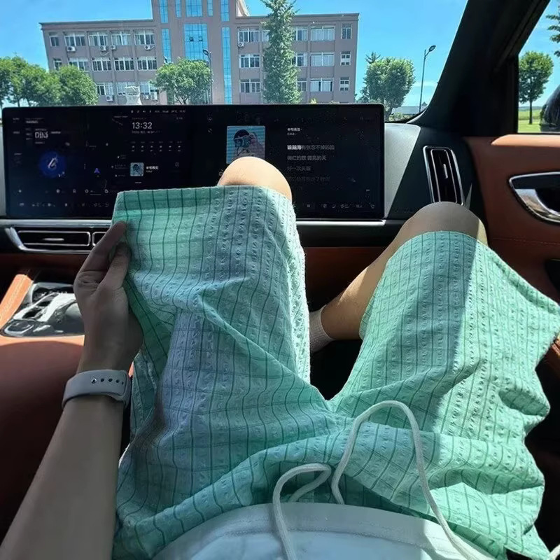 Seersucker Plaid Ice Silk Shorts for Men and Women, Summer Quick-Dry Beach Shorts, American-Style Plaid Couple Sports Shorts