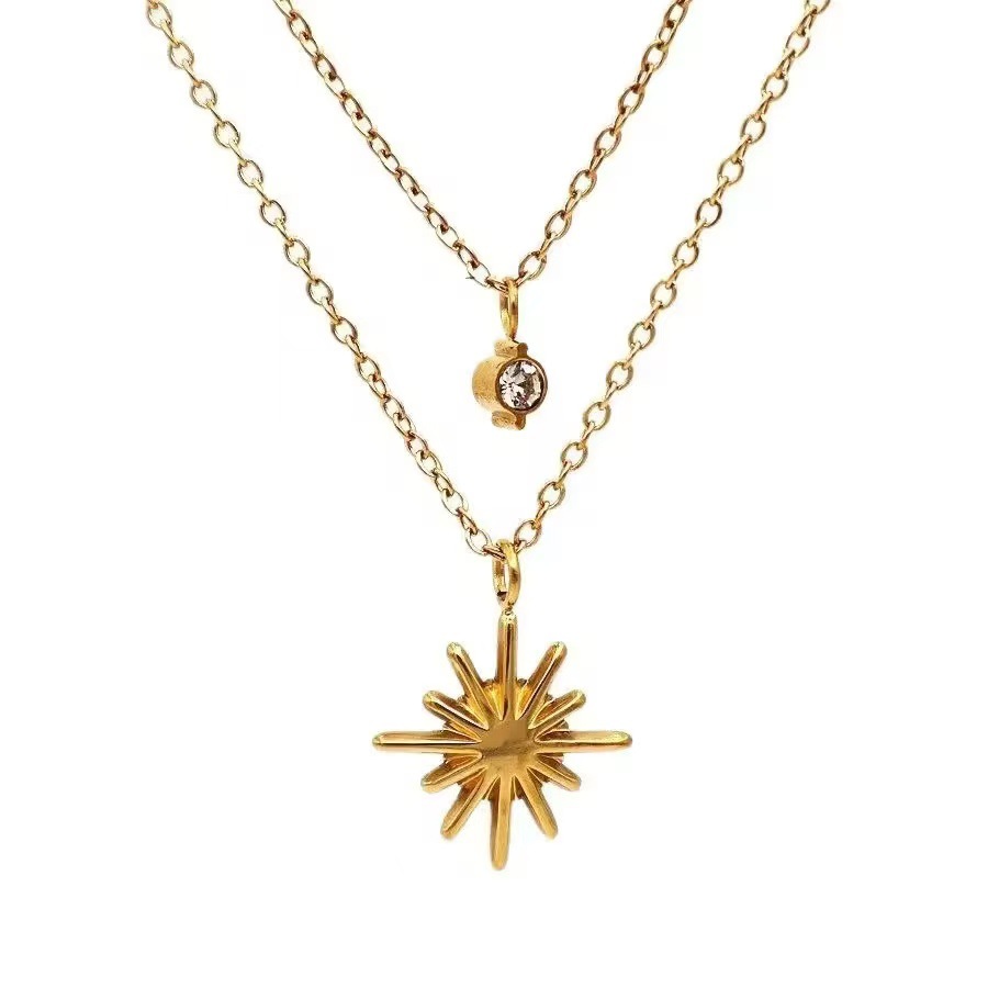 Titanium Steel Zircon Clavicle Chain Double-Layer Plated Necklace, Color-Preserving Gold Star Layered Women's Style Series, Minimalist Layered Gold Plating