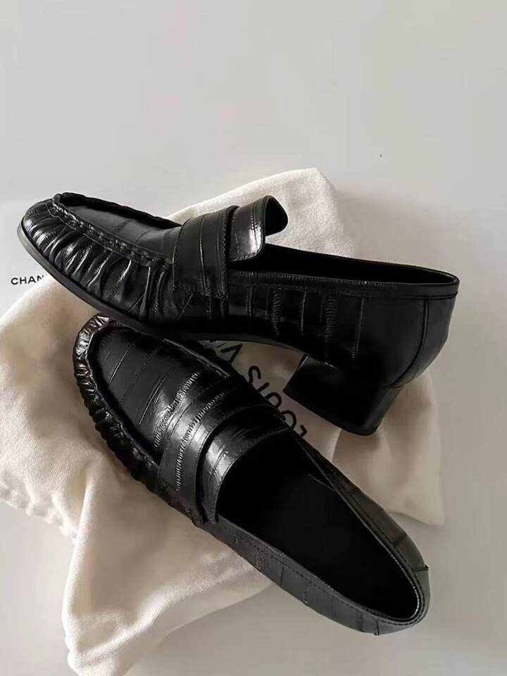 Giày lười nữ da cá chình thật thủ công phong cách retro nhăn, đế dày gót 3-5 cm — Màu nâu, màu đen chi tiết 4