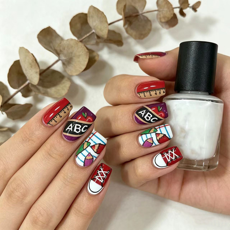 Cross-Border New Model Red Back-To-School Season Cartoon Multi-Element Nail Stickers 24 Pieces Factory Direct Sales Wholesale Wearable Nails Cross-Border New Model Red Back-To-School Season Cartoon Multi-Element Nail Stickers 24 Pieces Factory Direct Sales Wholesale Wearable Nails