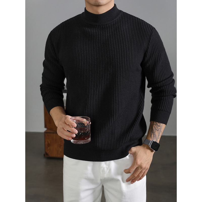 Luud Half Turtleneck Knitwear Men's Winter Black Inner Warm Trendy Korean Style Vertical Texture Bottoming Knitwear