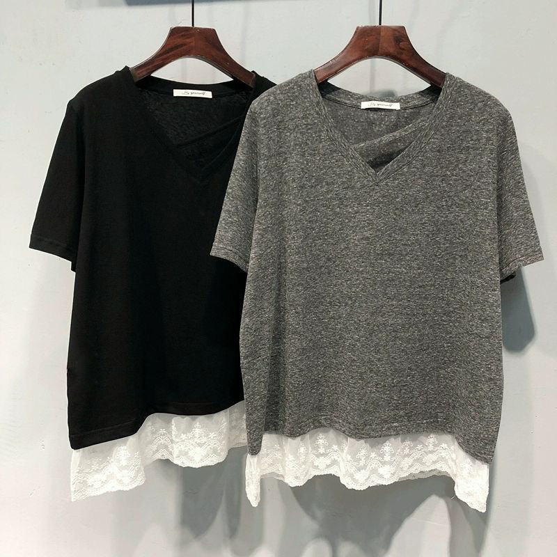 V-Neck Lace Spliced Hem Short-Sleeve T-Shirt for Women, Summer Korean Style Loose Base Shirt with Faux Two-Piece Half-Sleeve Top V-Neck Lace Spliced Hem Short-Sleeve T-Shirt for Women, Summer Korean Style Loose Base Shirt with Faux Two-Piece Half-Sleeve Top