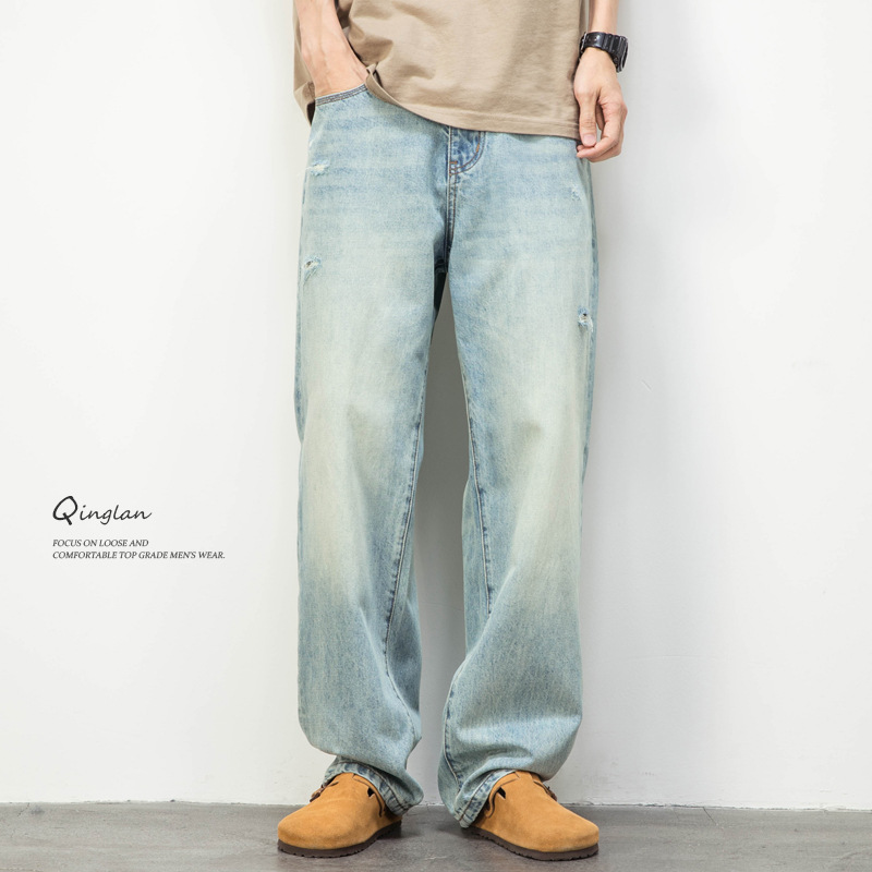 Ripped Jeans Men's Straight Loose American Casual Fashionable Brand Washed plus size Thin Wide Leg Pants 2025 New