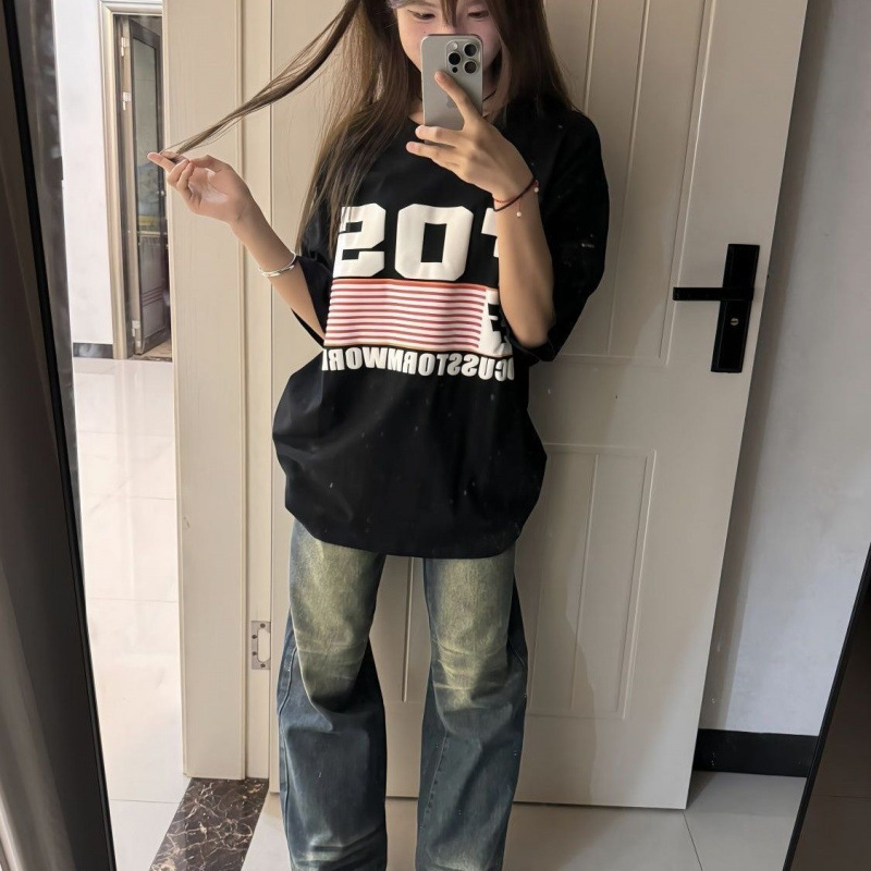 【抖音天猫质量】T4004#200克后包边纯棉短袖T恤女2024年夏宽松上